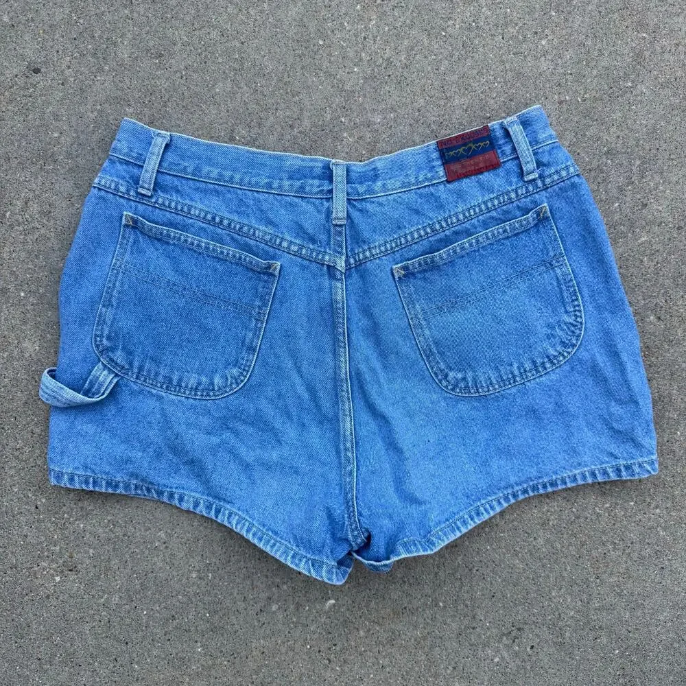 Vintage 90s No Excuses Overalls Side Button Carpenter Jean Shorts Size 15/16